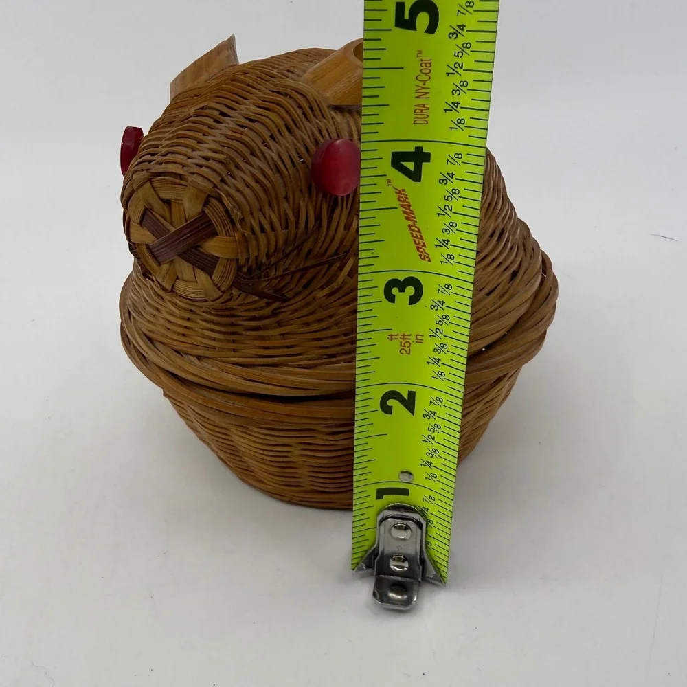 Vintage Woven Bamboo Bunny Rabbit Trinket Basket Brown Wicker Red Button Eyes